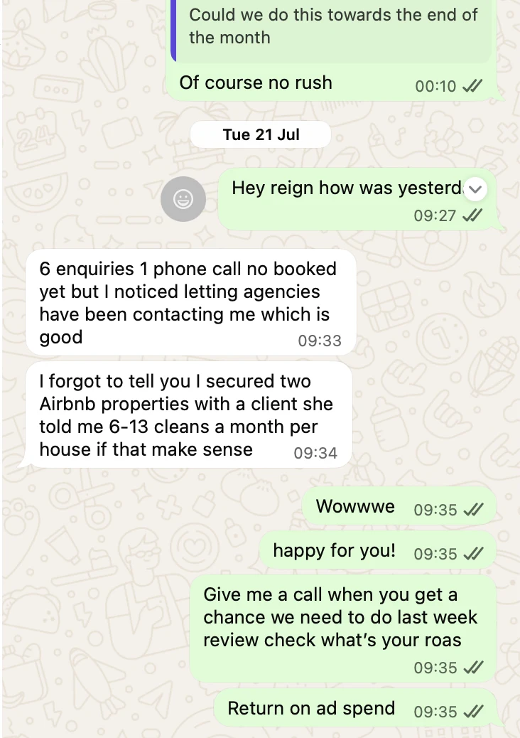 WhatsApp message from Reign Cleaning — 6 enquiries and two Airbnb properties won