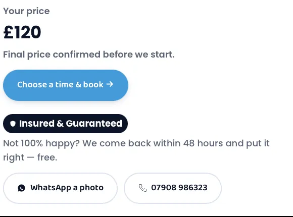 On-page pricing calculator giving an instant quote with a book button