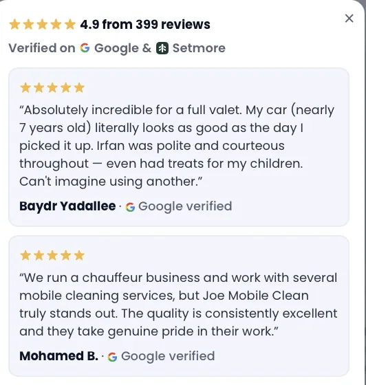 4.9 from 399 reviews, verified on Google and Setmore