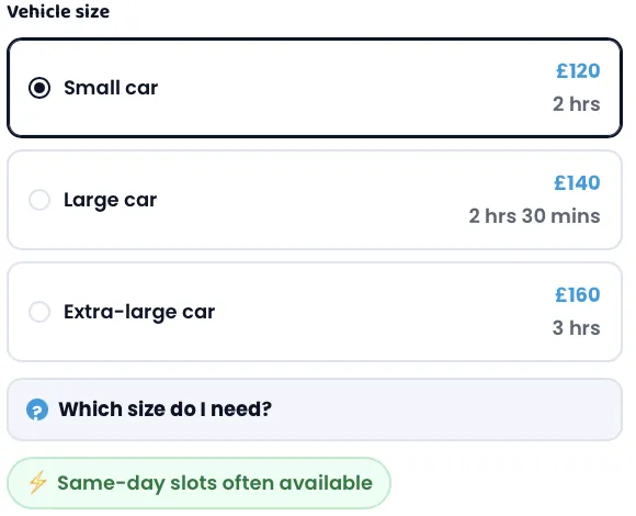 Pick-your-size selector with clear prices and durations