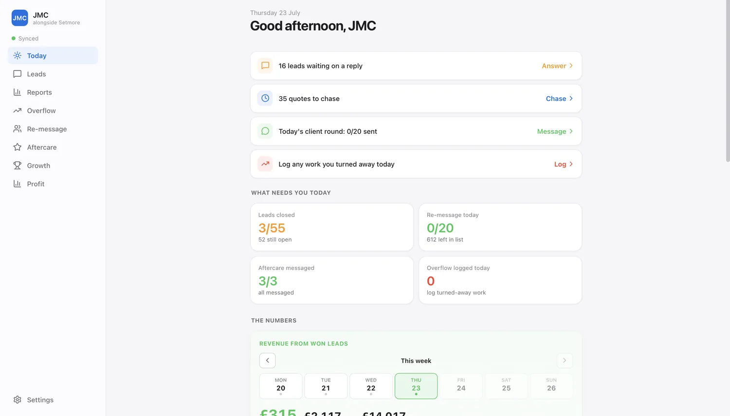 Manager dashboard — leads waiting, quotes to chase, revenue from won leads