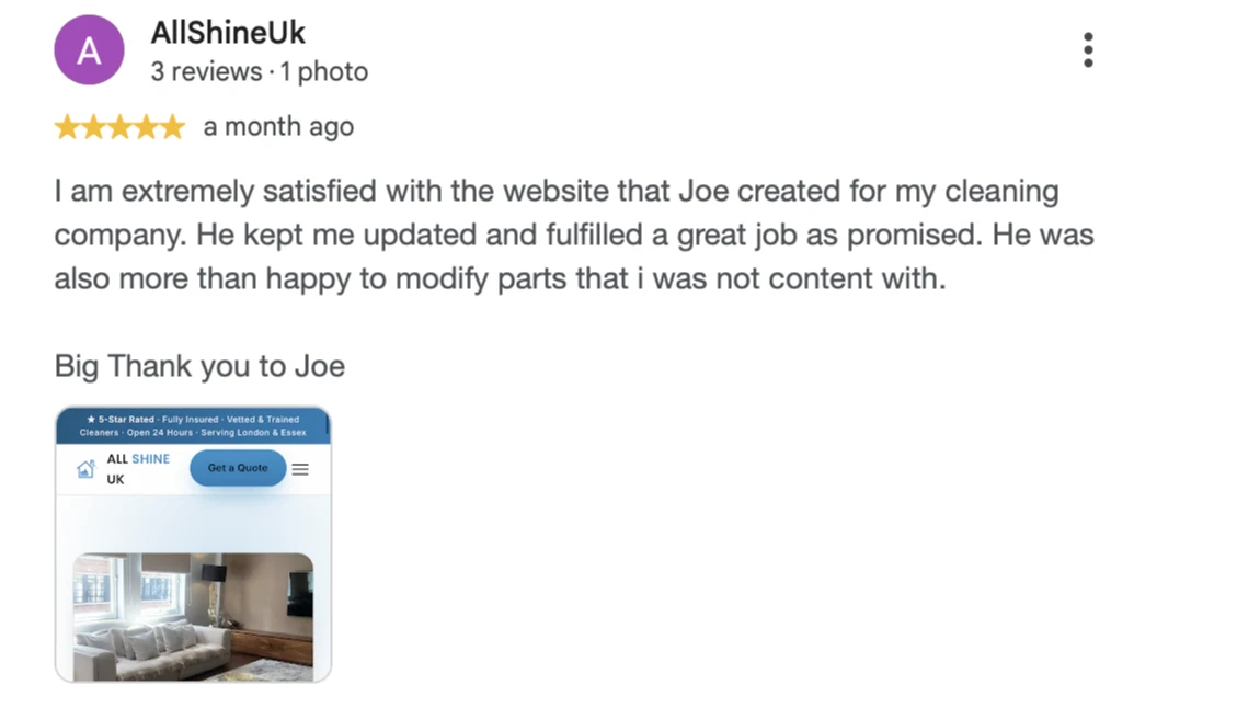 Five-star Google review from AllShineUk praising the website Joe built for their cleaning company